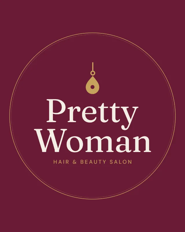 The new Pretty Woman logo, a gold jhumka above the name in cream on maroon